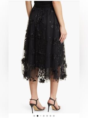 NWT 3D lace skirt Joh. Floral‎ black tulle mesh layered Embroidered midi lined L